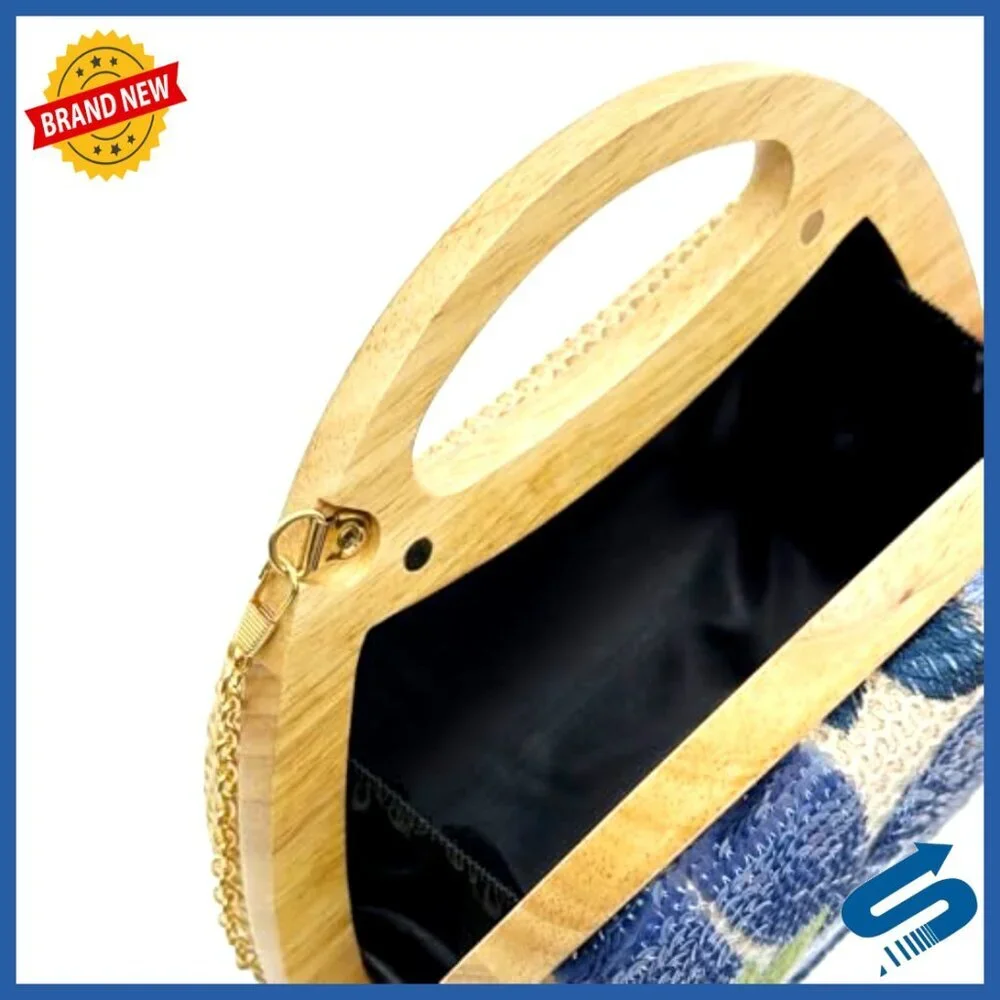 Sequined Embroidered Flower Evening Clutch Bohemian Woven Wooden Handle Chain
